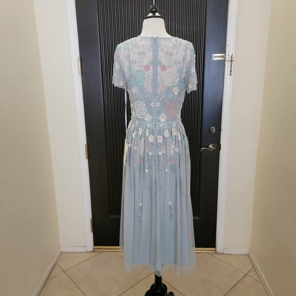 Mac Duggal 6 Seafoam Green 9134 Floral Midi Short Sleeve Sequin Beaded Dress New - Picture 10 of 14